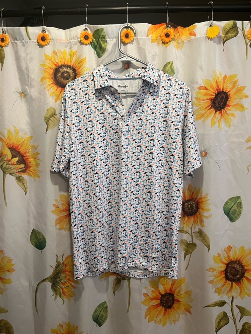 ahead® Men’s Short Sleeve Polo in White with Blue & Orange Micro Print